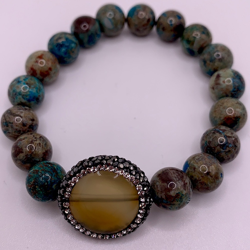 Jasper Bead Stretch Bracelet with Amber Colored stone and Crystals NEW - Picture 4 of 4